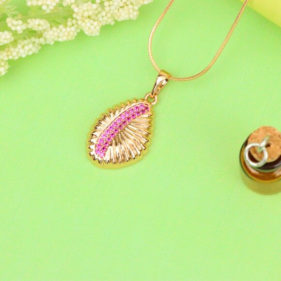 "Rose Gold Textured Pendant with Pink Stone Accent in Leaf Design, XPPT1490 - Picture 12 of 13
